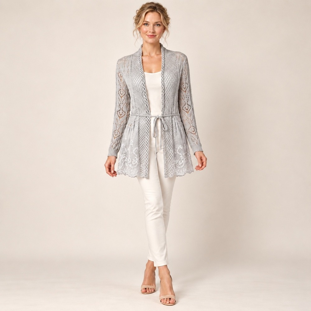 Lisa International Gray Open Knit Pointille Cardigan Embroidered Mesh Tie M